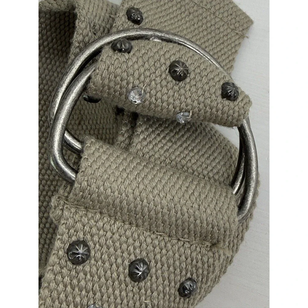 Boho Cotton Canvas Studded Belt Beige Rhinestone Silver Buckle Festival Belt